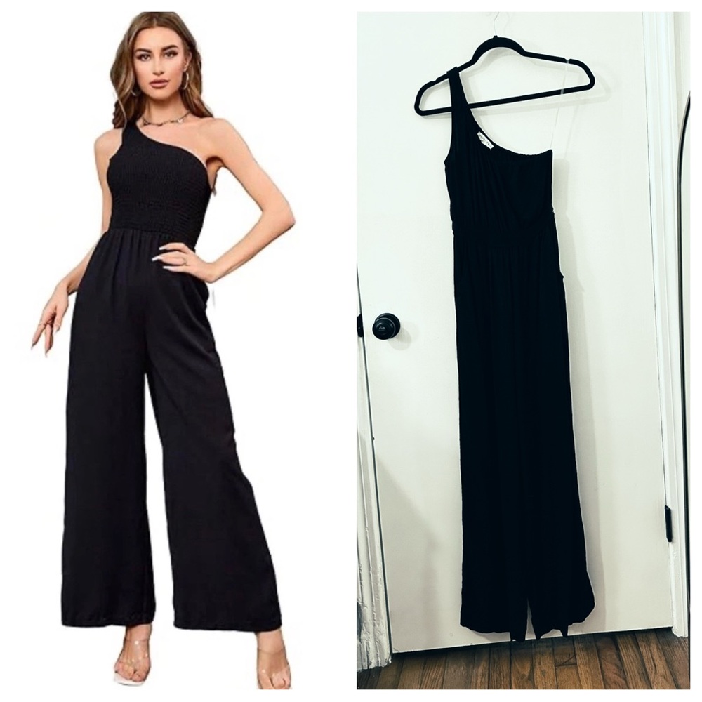 Womens Stunning One Shoulder Wide Leg Jumpsuit Pockets Elastic Waist Aeropostale